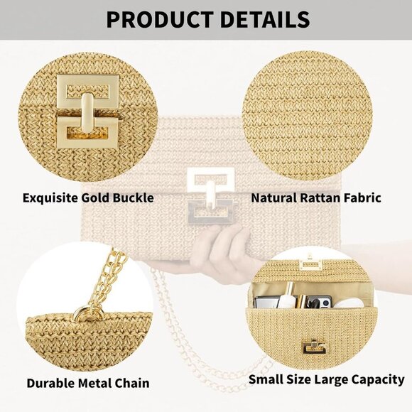 Straw Clutch Purse for Women, Woven Handbag Summer Beach Rattan Crossbody Envelo - Picture 3 of 6